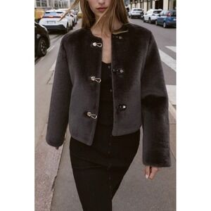 Zara Womens Double Faced Faux Fur Toggle Crop Jacket Brown Cozy Luxury Minimal S